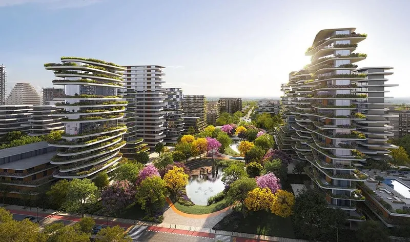 Perspectiva do Vivapark: edifícios com terraços verdes ao redor de um parque com lago e árvores floridas